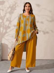 Rusticease Plus Size Women 2pcs Set Geometric Print Round Neck Long Sleeve Asymmetric Hem Top And Pants, Casual, Winter Set - Yellow - View 8