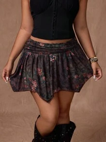 Rustia 复古休闲女式低腰波西米亚风荷叶边不对称佩斯利印花迷你裙/短裤 - 彩色 - 查看 4