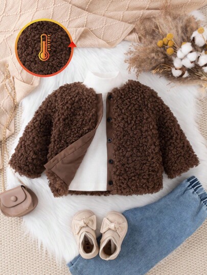 SHEIN Vintaside Kids Wintermode für Kleinkinder, Mädchen, lässig, dunkelbraun, langärmelig, Plüsch, einteilige Jacke, geeignet für Straßenfotografie und Versammlungen