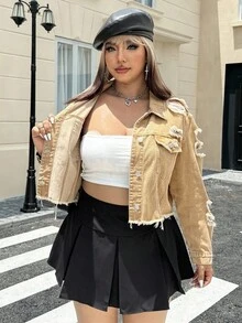 SHEIN EZwear 大码女式秋季做旧单排扣磨边休闲牛仔夹克 - 卡其色 - 查看 7