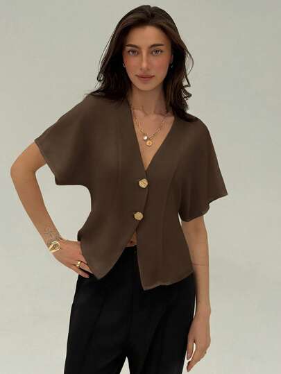 Aloruh New Fashionable Commuter Minimalist Gray V-Neck Drop Shoulder Slim Waist Double-Button Drop Shoulder Short Sleeve Blouse,Elegant Women's Blouses