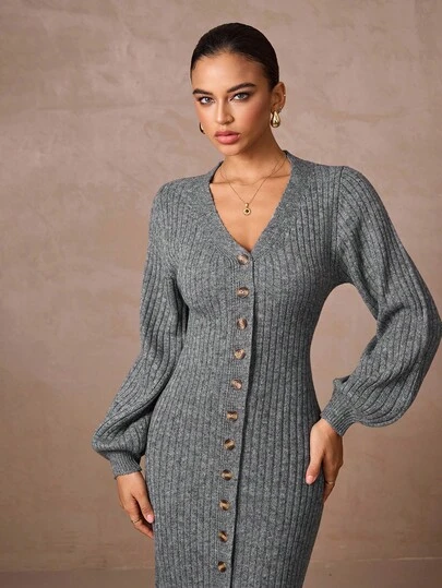 Lumalex Fall Winter Modest Old Money Glitter Holiday Party Outfit Rave Festival Outing Swim Vacation Bohemian BOHO Hot Outdoor Richly Layered Wedding Season Banquet Coming Of Age Ceremony Women's Casual Button V-Neck Extra Long Sweater Dress Grey Sweater Dress