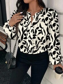 Reflora Blusa de manga larga con estampado floral negro y blanco de estilo elegante y romántico, adecuada para el otoño/invierno, blusas elegantes para mujeres, ropa de otoño para mujeres - Multicolor - Ver 3