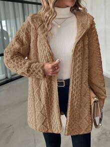 SHEIN Clasi 女士休闲拉链连帽纹理羊毛夹克 - 棕色 - 查看 7