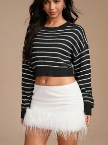 Chiquease Striped Loose Knit Short Sweater For Women Knit Pullover Fall Winter Outfit