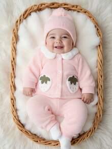 2件套女婴可爱毛绒草莓口袋领服装套装