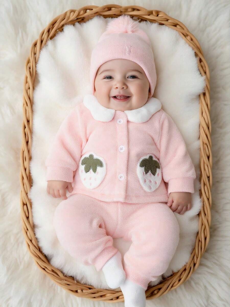 2件套女婴可爱毛绒草莓口袋领服装套装