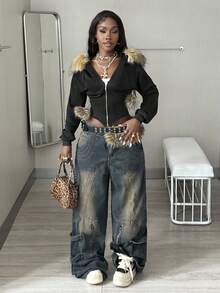 Coolane 女士秋冬街头风 Y2K 酷女孩外出长袖毛绒紧身拉链黑色连帽衫 - 黑色 - 查看 5