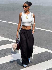 Muchica 黑色侧条纹宽松休闲百搭梭织运动裤 - 黑色 - 查看 4