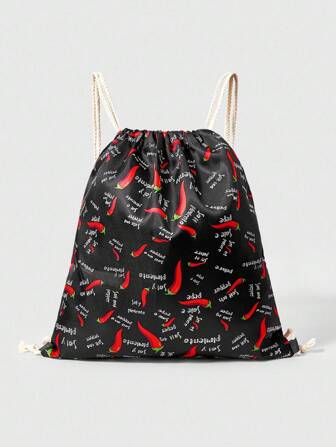 Grunge Punk Mochila con cordón de gran capacidad con diseño gráfico de letra negra y chile, versátil para ir al trabajo, casual, escuela, vacaciones, fiestas, compras - Unisex
