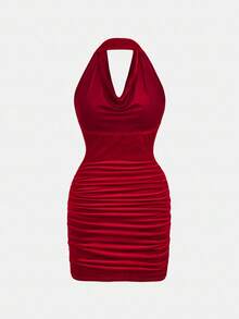 Girlism Teen Girl Solid Color Fashion Halter Neck Ruched Velvet Dress Fall Winter