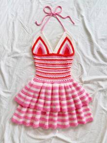 Soleia Abito a maglia colorato a righe con lacci sulla schiena da donna, adatto per stratificazioni o come capo esterno, scollo ad aletta sexy, perfetto per vacanze, appuntamenti, pomeriggio del tè, spiaggia, crociera, gita in città, vacanza in isola, stagione dei matrimoni, festival musicali, abito rosa a righe stile boho, abito all'uncinetto, abito stile fairycore, abito kawaii per l'autunno/inverno