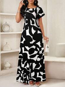 SHEIN Lady Women's Geometric Print Round Neck Short Sleeve Elegant Dress - Multicolor - View 3