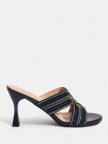 CUCCOO TILAWA Women's Glamorous Blue Glitter Rhinestone Embellished High Heel Slide Sandals, Summer - Royal Blue - View 4