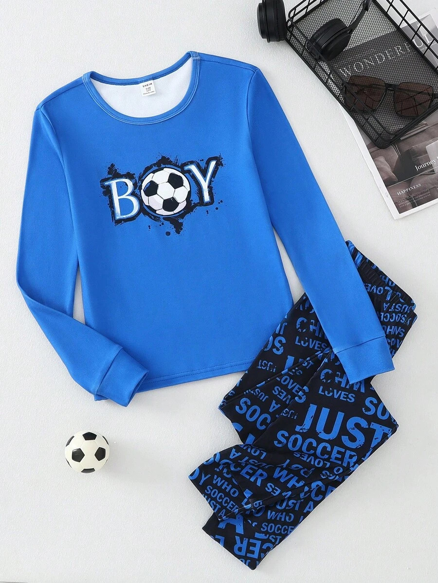 2 件套青少年男童蓝色修身长袖上衣和字母足球图案印花裤，弹力针织面料，涂鸦风格，家居服 - 藍色 - 查看 1