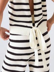 LYSMO 2025 Women Minimalism Black And White Striped Autumn Casual Everyday Contrast Knit Vest And Pants 2 Pieces Set Stockholm Style Business Outfits - Black and White - View 2