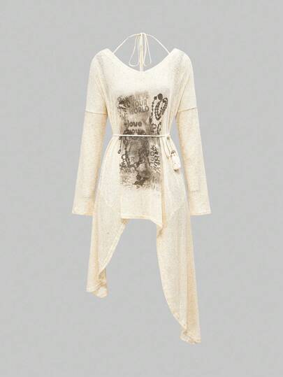 Grunge Punk Romantic Punk V-Neck Asymmetrical Hem Chain Pattern Women Loose Knit Long Sleeve Top With Belt