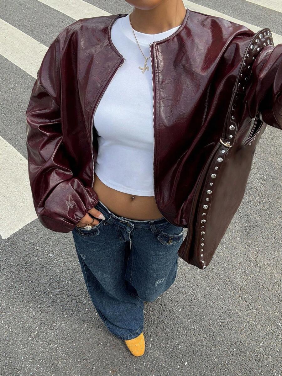 Muchica Autumn/Winter Burgundy PU Leather Round Neck Loose Short Jacket For Going Out Outfits, Back To School, Streetwear, Y2K Clothes - Burgundy - View 1