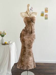 Soleia Spring/Summer Vacation Elegant New Strapless Sleeveless Printed Mesh Top & Pleated Skirt 2 Pieces Set - Multicolor - View 6