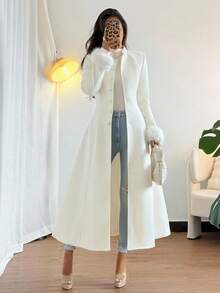 Rafferiza 女式纯色长袖仿皮草袖口纽扣长款优雅大衣，秋冬 - 米色 - 查看 1