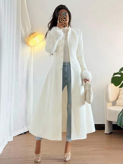 Islaluna Manteau long élégant pour femmes, à manches longues, avec poignets en fausse fourrure et boutons, couleur unie, pour l'automne et l'hiver