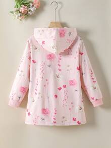 SHEIN Vintaside Kids Áo khoác ấm dài vừa có mũ trùm đầu bằng vải nhung dày họa tiết hoa cổ điển dành cho bé gái tuổi teen, mùa thu/đông, ngày lễ, mùa hè, du lịch - Hồng - Xem 2