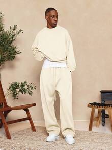 SUMWON Essential 低裆慢跑裤 宽松版型 抽绳腰带 休闲居家服 舒适宽松阔腿运动裤 秋冬纯色 - 米色 - 查看 6