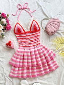 Soleia Abito a maglia colorato a righe con lacci sulla schiena da donna, adatto per stratificazioni o come capo esterno, scollo ad aletta sexy, perfetto per vacanze, appuntamenti, pomeriggio del tè, spiaggia, crociera, gita in città, vacanza in isola, stagione dei matrimoni, festival musicali, abito rosa a righe stile boho, abito all'uncinetto, abito stile fairycore, abito kawaii per l'autunno/inverno