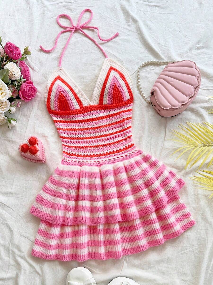Soleia Abito a maglia colorato a righe con lacci sulla schiena da donna, adatto per stratificazioni o come capo esterno, scollo ad aletta sexy, perfetto per vacanze, appuntamenti, pomeriggio del tè, spiaggia, crociera, gita in città, vacanza in isola, stagione dei matrimoni, festival musicali, abito rosa a righe stile boho, abito all'uncinetto, abito stile fairycore, abito kawaii per l'autunno/inverno