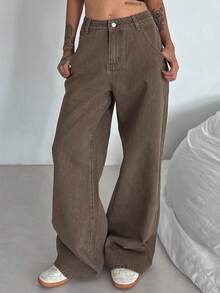 DAZY Women's Loose Korean Style Washed Khaki Casual Street Jeans - Coffee Brown - View 3