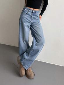 DAZY Jeans anchos de pierna ancha, sueltos y casuales con bolsillos sesgados de unicolor para mujer - Azul - Ver 3