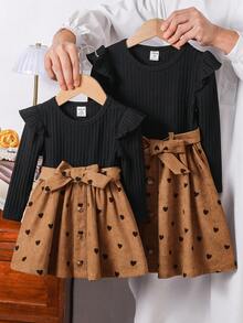 Emery Rose Kids Emery Rose Kids Young Girl Solid Color Round Neck Ruffle Hem Patchwork Heart Pattern Casual Dress Girl Dress Girls Autumn Dress Toddler Girl Dress Long Sleeve Girls Dress Heart Print Dress Girls Long Sleeve Dress Fall Winter