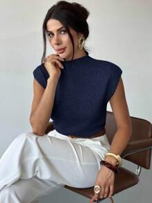 Firerie 优雅高领宽松休闲百搭秋冬无袖针织毛衣背心 - 藏蓝色 - 查看 3