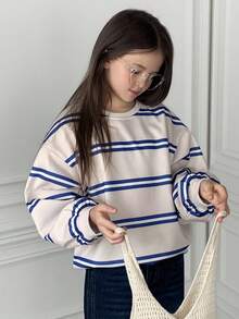 Dazy Kids Tween Girls Striped Crew Neck Fleece Sweatshirt, Fall,Winter - Multicolor - View 1