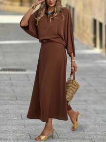 SHEIN Clasi Women's Elegant Autumn Shirt Dress 2 Pieces Set,Coffee Brown Vintage French Style Outfit,Teacher Outfits,Fall Clothes,Brunch Country Suit - Mocha Brown - View 9