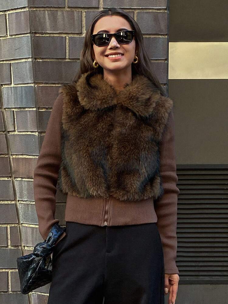 Women's Casual Loose Fit Short Fluffy Jacket, Elegant Minimalist Fashion Outerwear For Commuting, Autumn/Winter Women Coats