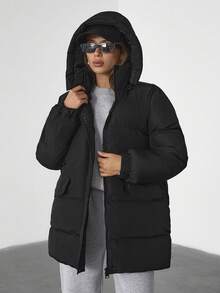 EURMUSE Damska kurtka zimowa z długim rękawem i kieszeniami w jednolitym kolorze, luźna i swobodna - Czarne - Zobacz 4
