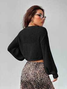 SHEIN PETITE White Lantern Sleeve Button Front Rib Knit Cardigan Cardigan Cropped Crop Top Sweater Cropped Cardigan In Fall/Winter - Black - View 2