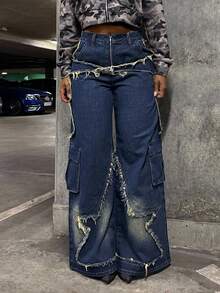 StreetHx Quần jeans ống rộng, dáng suông, viền tua rua dành cho nữ - Màu xanh lam - Xem 3