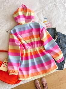 青少年女孩条纹长袖保暖内衬休闲连帽衫，秋冬 - 彩色 - 查看 5