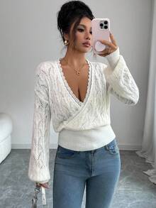 Elenzga Hollow Lace V-Neck Backless Mohair Sweater For Women, Elegant Wool Knitted Pullover With Reversible Design - White - View 7