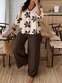 EMERY ROSE 大码花卉印花 V 领长袖上衣和纯色阔腿裤 2 件套 - 彩色 - 查看 4