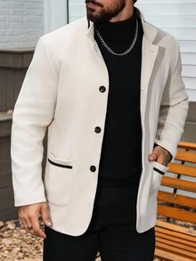 Manfinity Homme Men Casual Patch Pocket Stand Collar Beige Overcoat, Fall/Winter - Beige - View 1