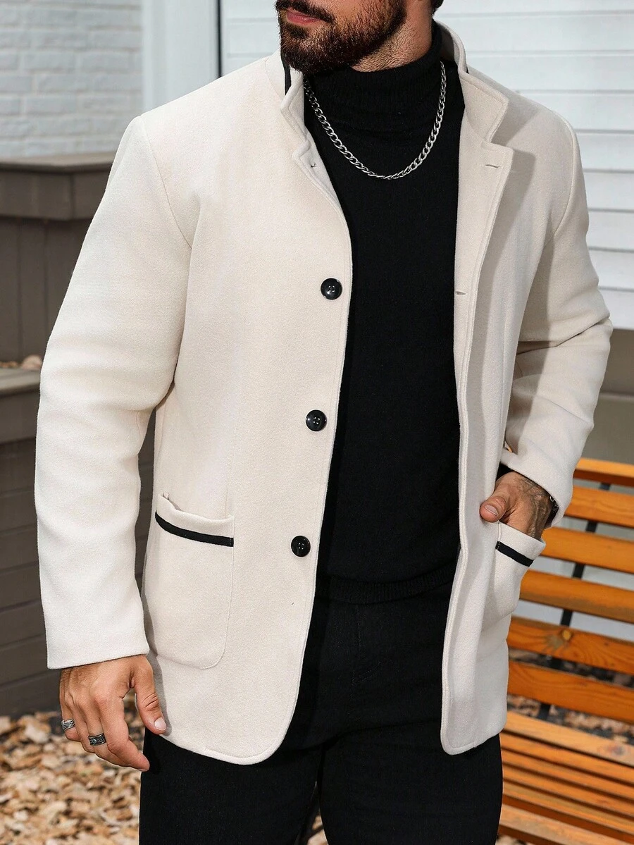 Manfinity Homme Men Casual Patch Pocket Stand Collar Beige Overcoat, Fall/Winter - Beige - View 1