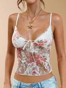 SHEIN BAE Women's Lace Deep V Neck Semi-Sheer Sexy Camisole, Back To School Top/Summer Tops/Crop Tops/Cute Tops/Going Out Tops Women