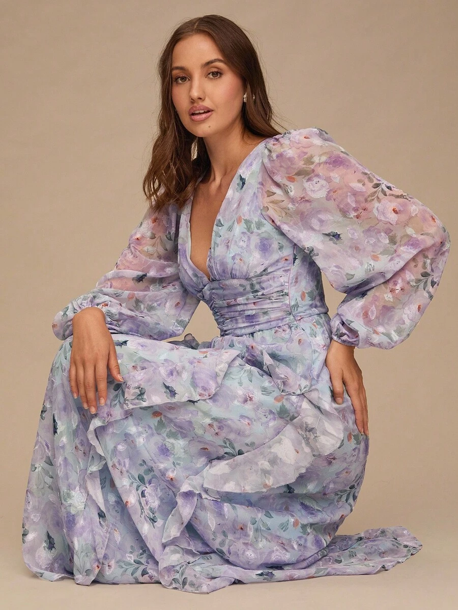 Enchnt Women's Elegant Floral Print Ruffle Hem Dress - Purple - View 1