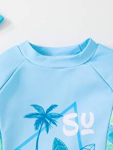 SHEIN 3 件套男童/女童休闲夏季度假椰子树印花长袖短裤搭配遮阳帽泳装，适合春夏季穿着、居家、郊游、旅行、海滩、泳池、派对 - 彩色 - 查看 5