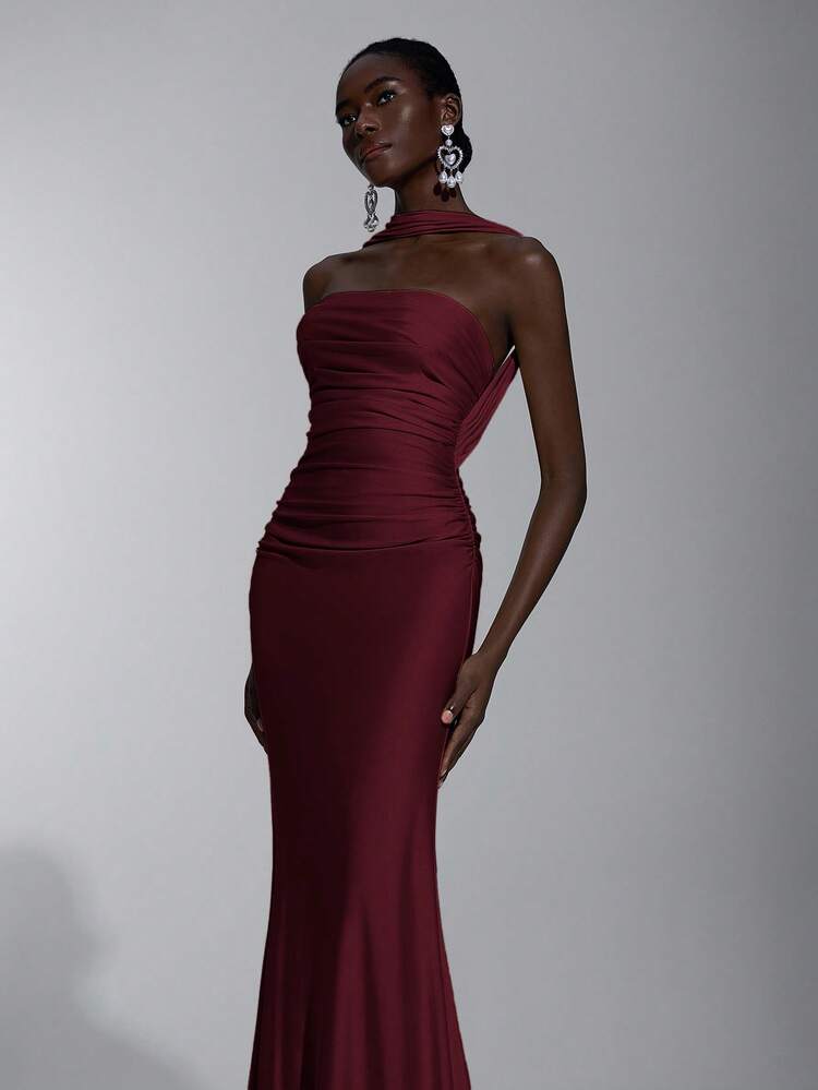 SHEIN Belle Elegant, Romantic, Sexy, Minimalist, Light Yellow Knit Elastic Strapless Backless Bodycon Dress, Fashionable, Influencer Style, Suitable For Holidays, Parties, Weddings, Bridesmaid - Burgundy - View 3
