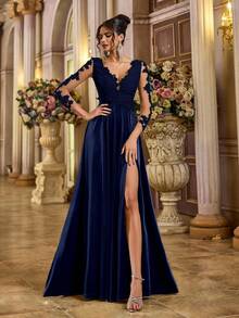 Aureia Đầm dạ hội trang trọng, thanh lịch, màu tối, phối ren, cổ chữ V, tay dài, chất liệu xuyên thấu, đính kết họa tiết tương phản, dáng chữ A, xẻ tà cao, thích hợp cho ngày Valentine. - Màu xanh hải quân - Xem 2