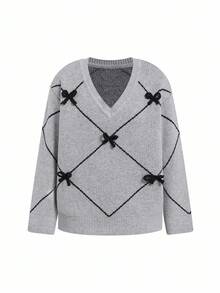 Editum Women's V-Neck Long Sleeve Loose Gray/Black Bow Elegant Everyday Pullover Sweater, Autumn/Winter,Fall Spring Summer Elegant - Grey - View 4